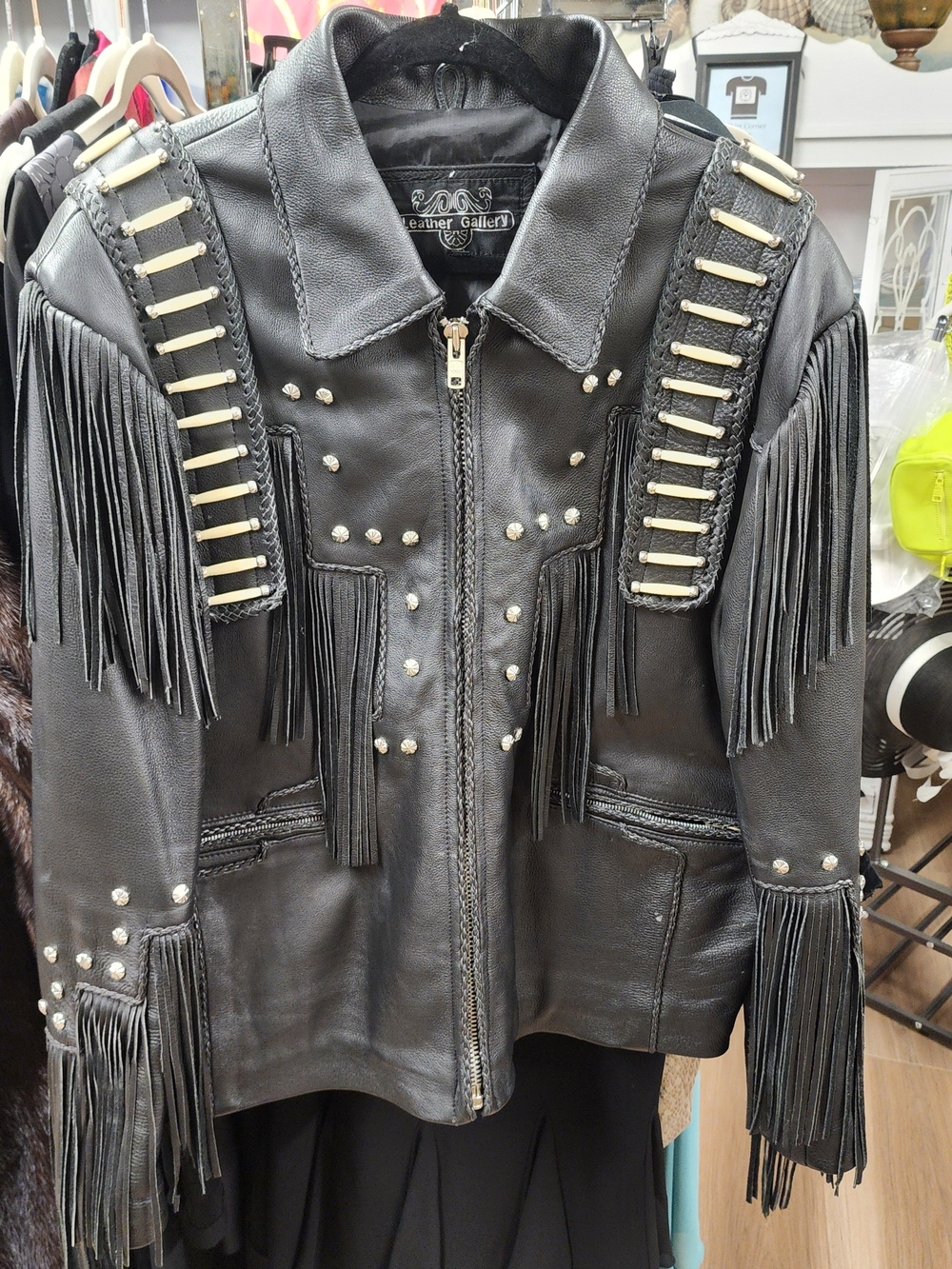 Vintage Leather Gallery Black Fringe Studded Leather Jacket for Men